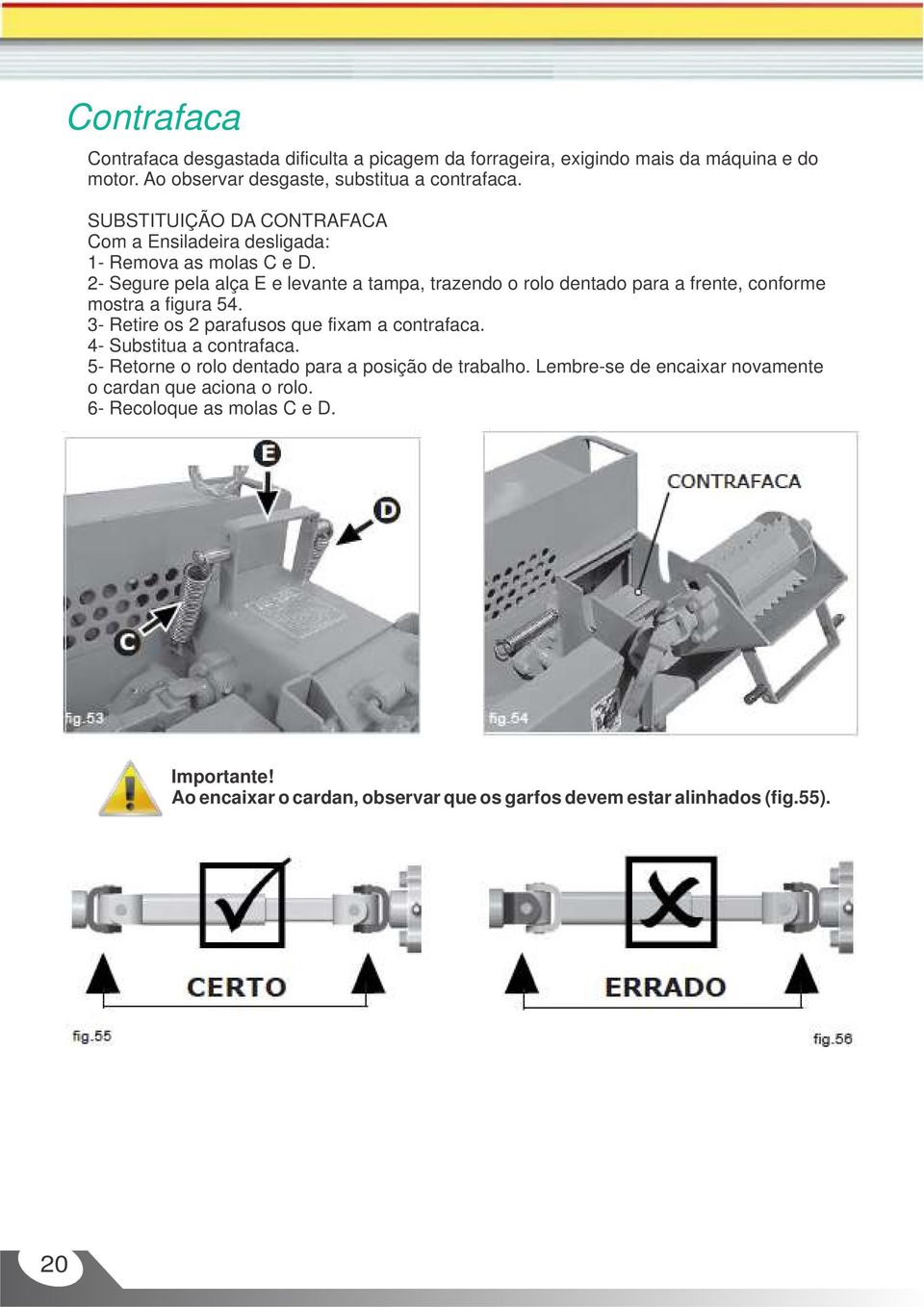 2- Segure pela alça E e levante a tampa, trazendo o rolo dentado para a frente, conforme mostra a figura 54. 3- Retire os 2 parafusos que fixam a contrafaca.