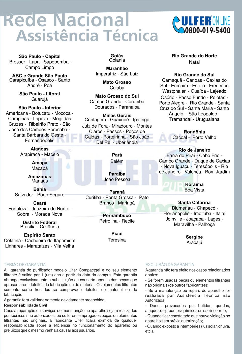 Salvador - Porto Seguro Ceará Fortaleza - Juazeiro do Norte - Sobral - Morada Nova Distrito Federal Brasília - Ceilândia Espírito Santo Colatina - Cachoeiro de Itapemirim Linhares - Marataizes - Vila