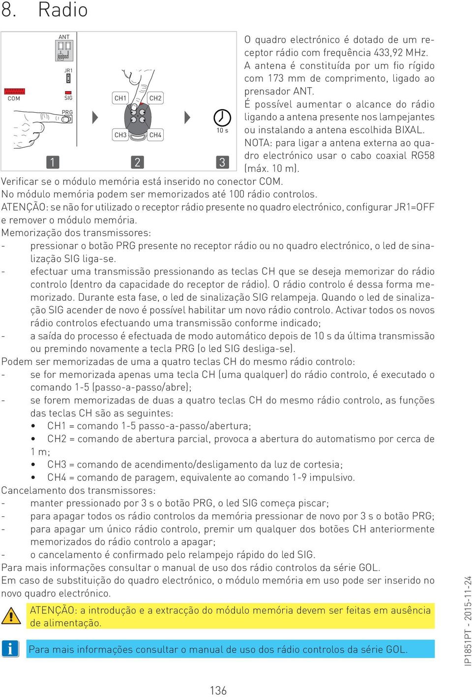 NOTA: para ligar a antena externa ao quadro 1 2 3 electrónico usar o cabo coaxial RG58 (máx. 10 m). Verificar se o módulo memória está inserido no conector COM.