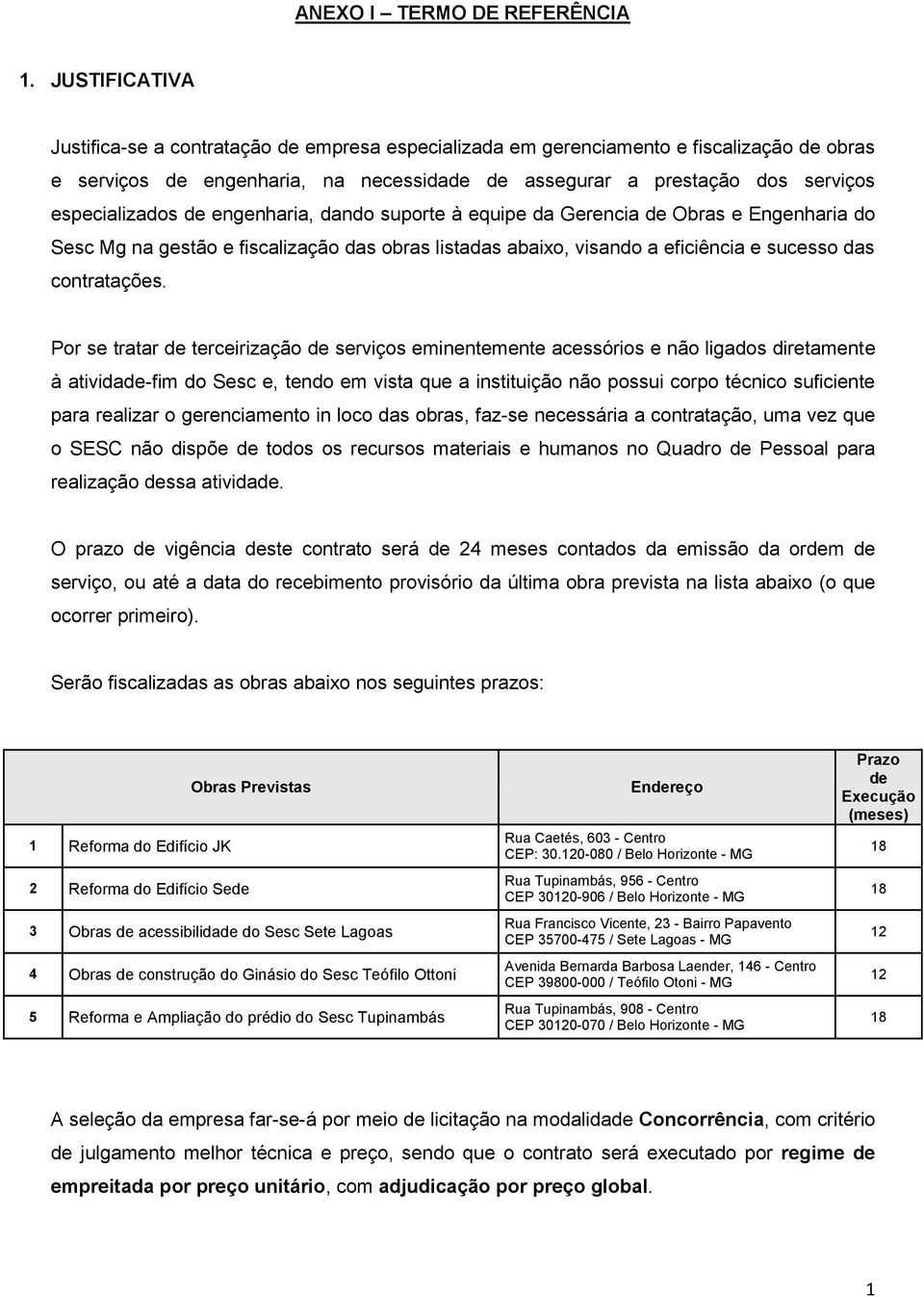 especializados de engenharia, dando suporte à equipe da Gerencia de Obras e Engenharia do Sesc Mg na gestão e fiscalização das obras listadas abaixo, visando a eficiência e sucesso das contratações.