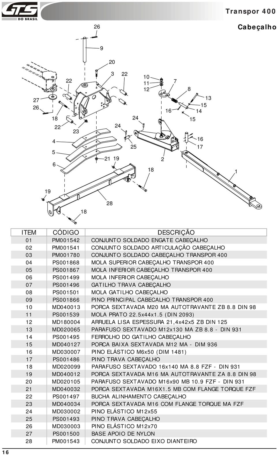 PS001499 MOLA INFERIOR CABEÇALHO 07 PS001496 GATILHO TRAVA CABEÇALHO 08 PS001501 MOLA GATILHO CABEÇALHO 09 PS001866 PINO PRINCIPAL CABECALHO TRANSPOR 400 10 MD040013 PORCA SEXTAVADA M20 MA