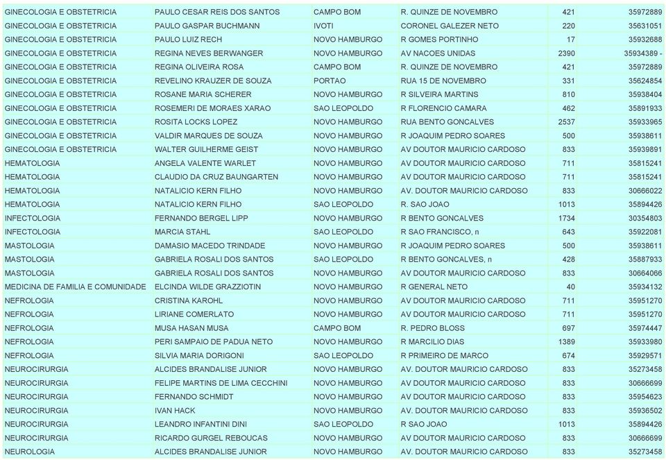 35932688 GINECOLOGIA E OBSTETRICIA REGINA NEVES BERWANGER NOVO HAMBURGO AV NACOES UNIDAS 2390 35934389 - GINECOLOGIA E OBSTETRICIA REGINA OLIVEIRA ROSA CAMPO BOM R.