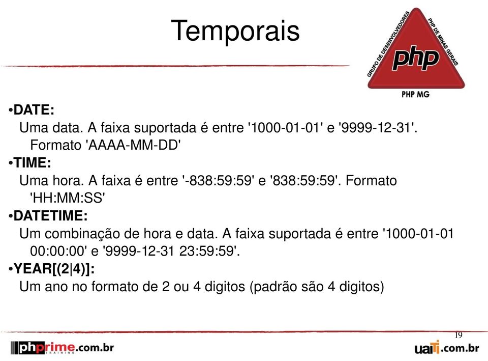 Formato 'HH:MM:SS' DATETIME: Um combinação de hora e data.