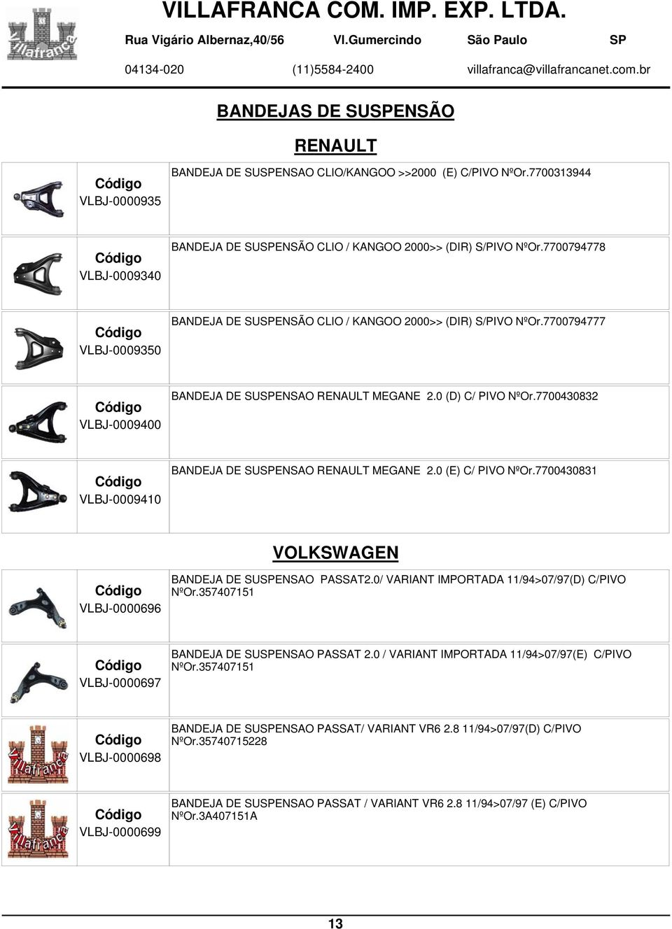 7700430832 VLBJ-0009410 BANDEJA DE SUSPENSAO RENAULT MEGANE 2.0 (E) C/ PIVO NºOr.7700430831 VOLKSWAGEN VLBJ-0000696 BANDEJA DE SUSPENSAO PASSAT2.0/ VARIANT IMPORTADA 11/94>07/97(D) C/PIVO NºOr.