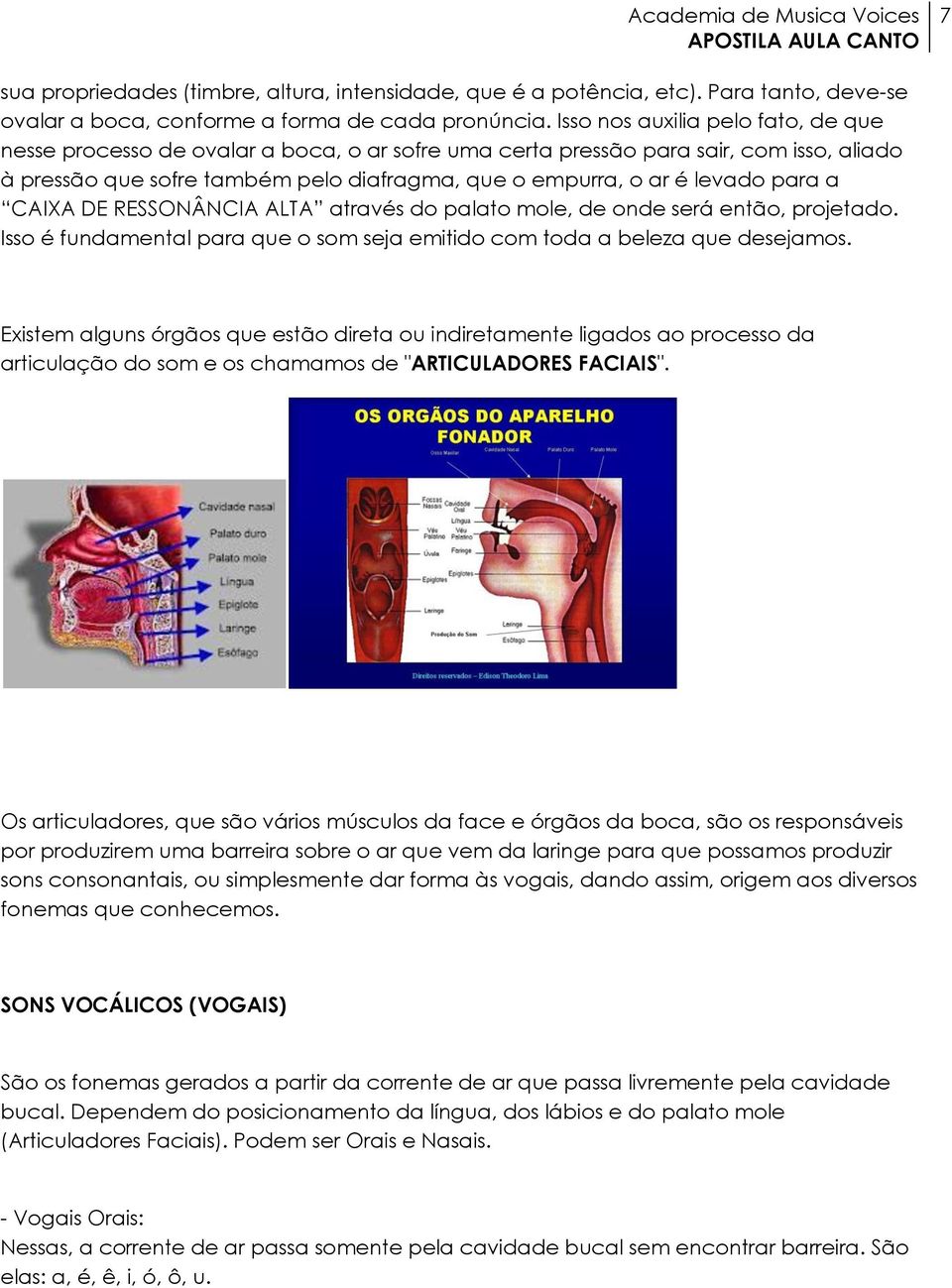 para a CAIXA DE RESSONÂNCIA ALTA através do palato mole, de onde será então, projetado. Isso é fundamental para que o som seja emitido com toda a beleza que desejamos.