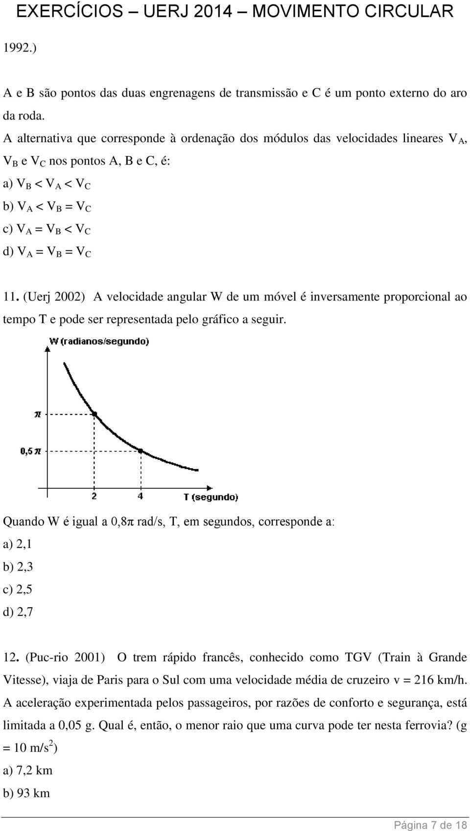 (Uerj 2002) A velocidade angular W de um móvel é inversamente proporcional ao tempo T e pode ser representada pelo gráfico a seguir.