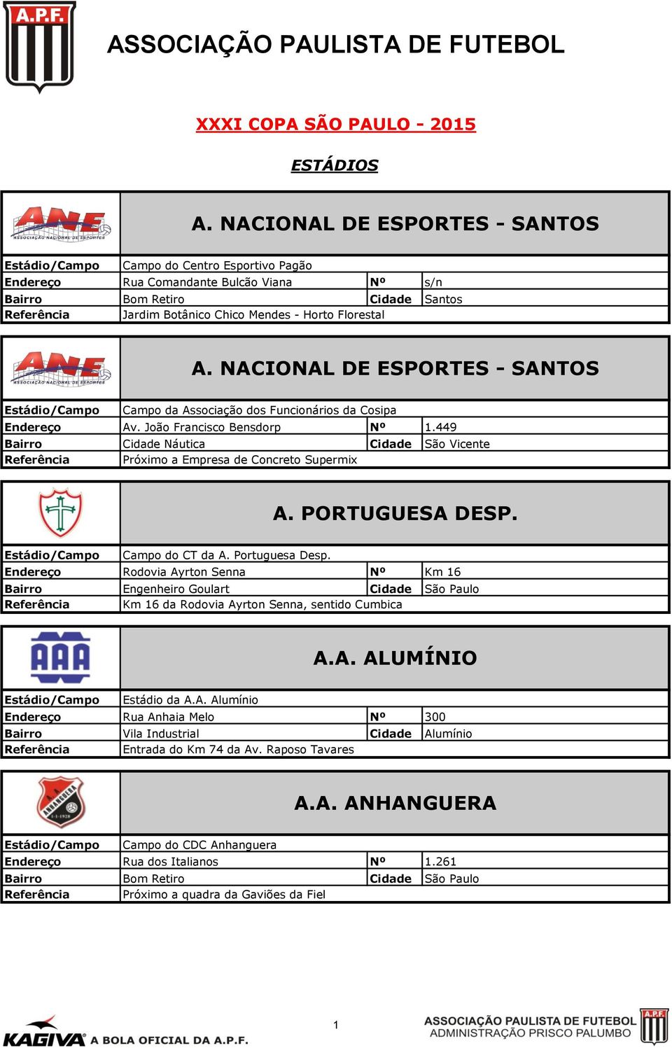 NACIONAL DE ESPORTES - SANTOS Campo da Associação dos Funcionários da Cosipa Av. João Francisco Bensdorp Nº 1.