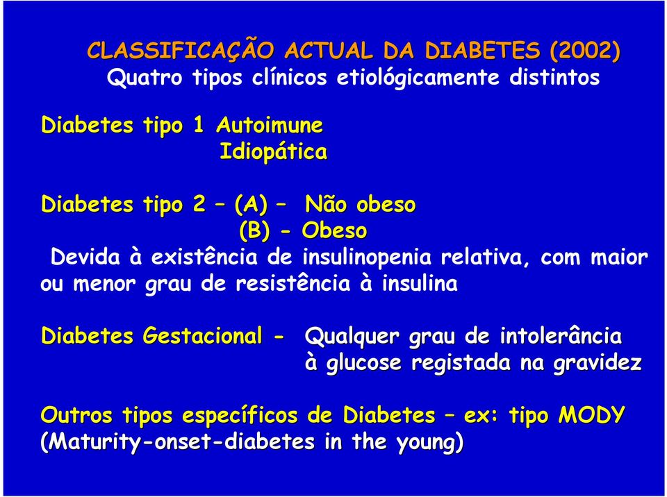 com maior ou menor grau de resistência à insulina Diabetes Gestacional - Qualquer grau de intolerância à