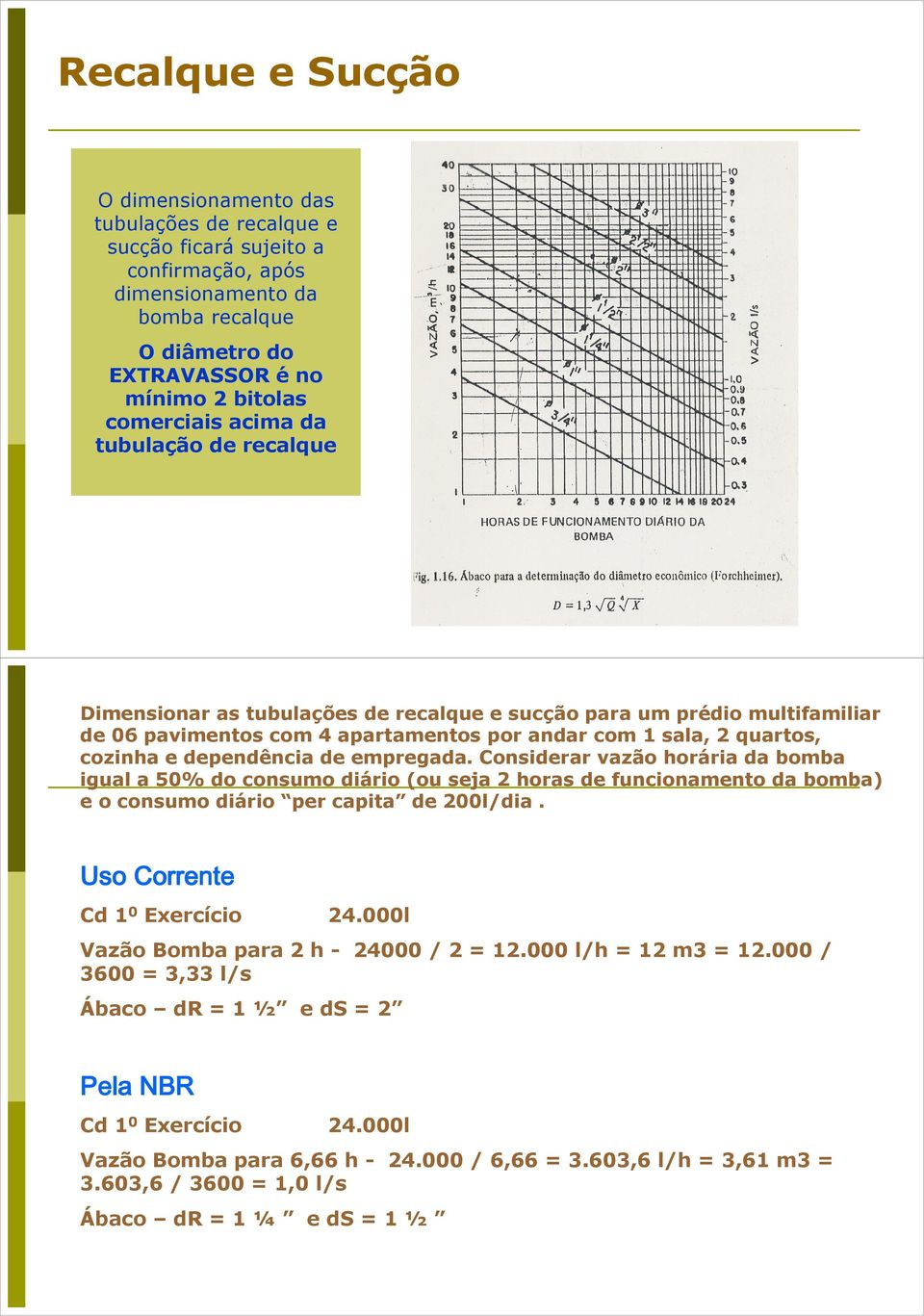 de empregada. Considerar vazão horária da bomba igual a 50% do consumo diário (ou seja 2 horas de funcionamento da bomba) e o consumo diário per capita de 200l/dia. Uso Corrente Cd 1 0 Exercício 24.