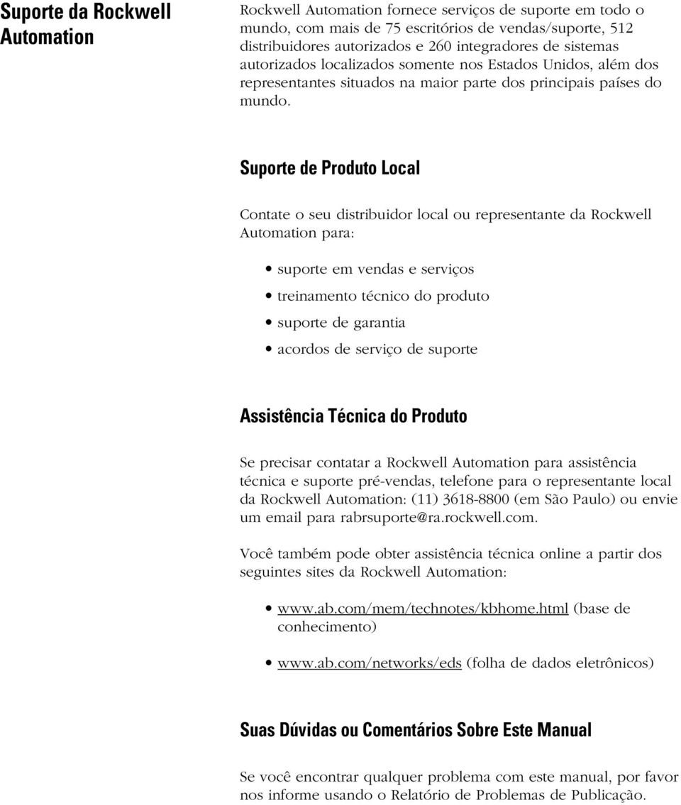 Suporte de Produto Local Contate o seu distribuidor local ou representante da Rockwell Automation para: suporte em vendas e serviços treinamento técnico do produto suporte de garantia acordos de