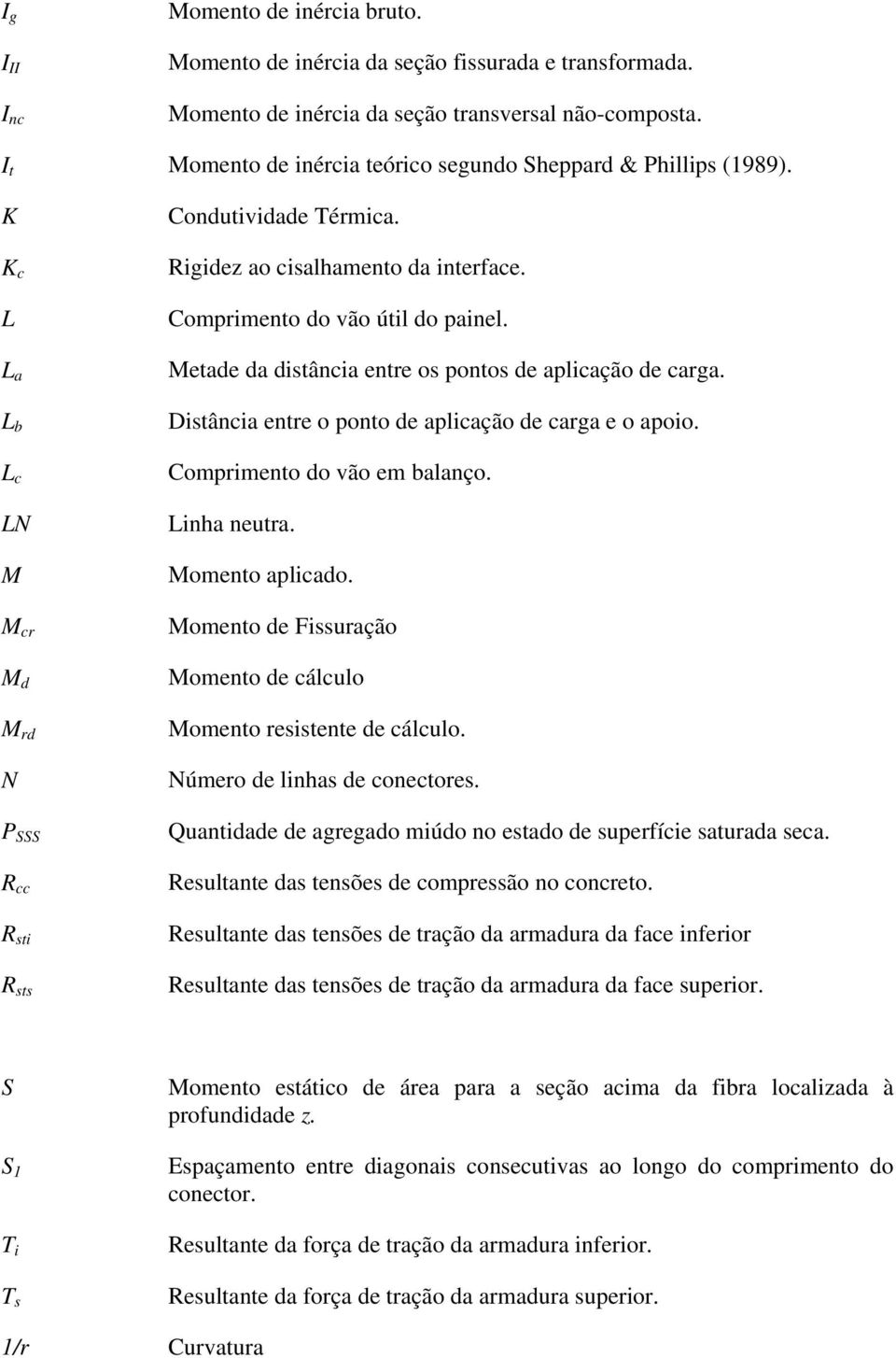 Comprimento do vão útil do painel. Metade da distância entre os pontos de aplicação de carga. Distância entre o ponto de aplicação de carga e o apoio. Comprimento do vão em balanço. Linha neutra.