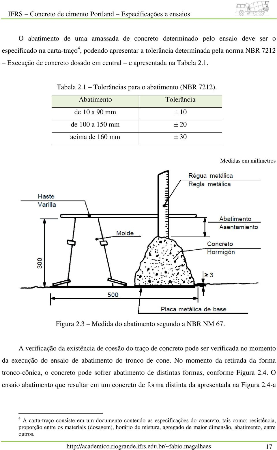 Abatimento Tolerância de 10 a 90 mm ± 10 de 100 a 150 mm ± 20 acima de 160 mm ± 30 Medidas em milímetros Figura 2.3 Medida do abatimento segundo a NBR NM 67.