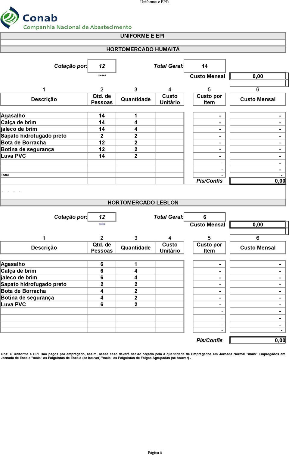 12 2 Luva PVC 14 2 Total Pis/Confis, HORTOMERCADO LEBLON Cotação por: 12 Total Geral: 6 meses Custo Mensal, 1 2 3 4 5 6 Qtd.