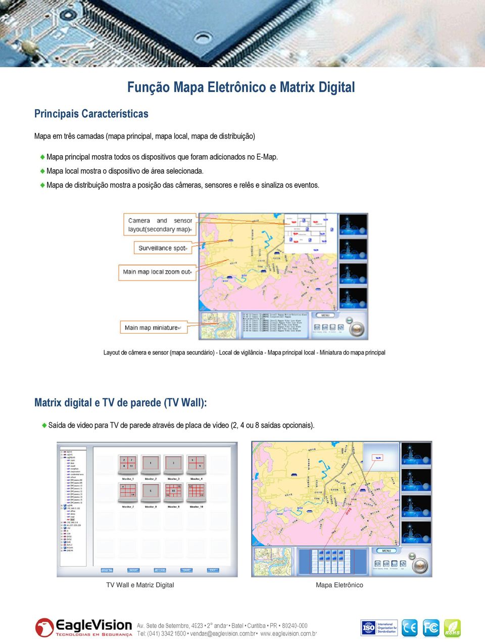 Mapa de distribuição mostra a posição das câmeras, sensores e relês e sinaliza os eventos.