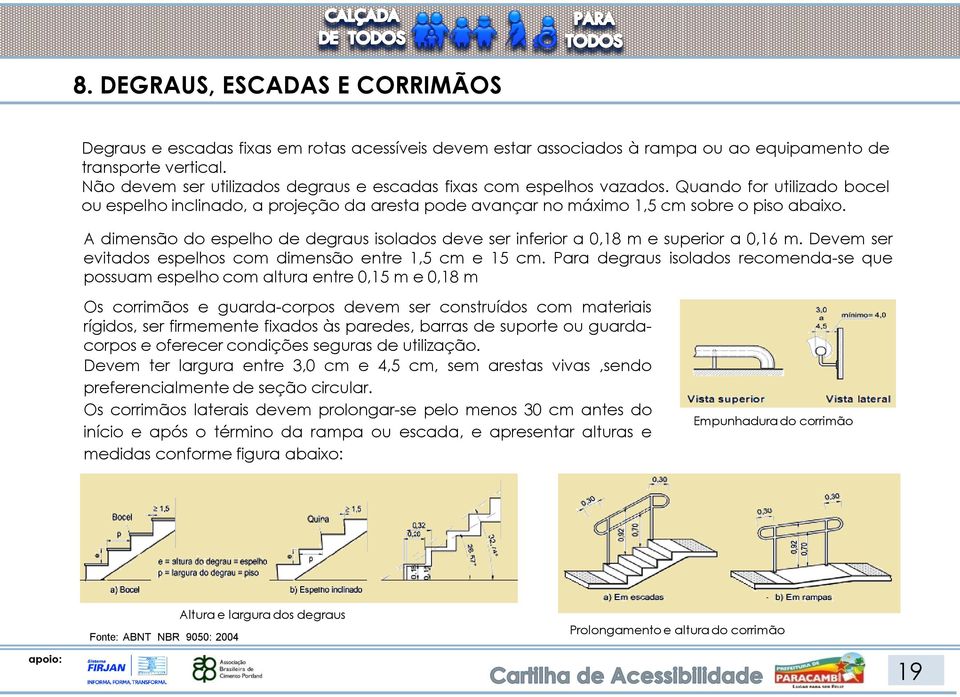 A dimensão do espelho de degraus isolados deve ser inferior a 0,18 m e superior a 0,16 m. Devem ser evitados espelhos com dimensão entre 1,5 cm e 15 cm.