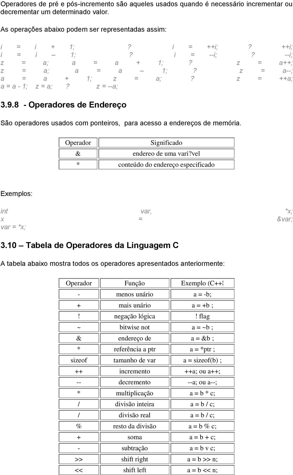 8 - Operadores de Endereço São operadores usados com ponteiros, para acesso a endereços de memória. Operador & Significado endereo de uma vari?