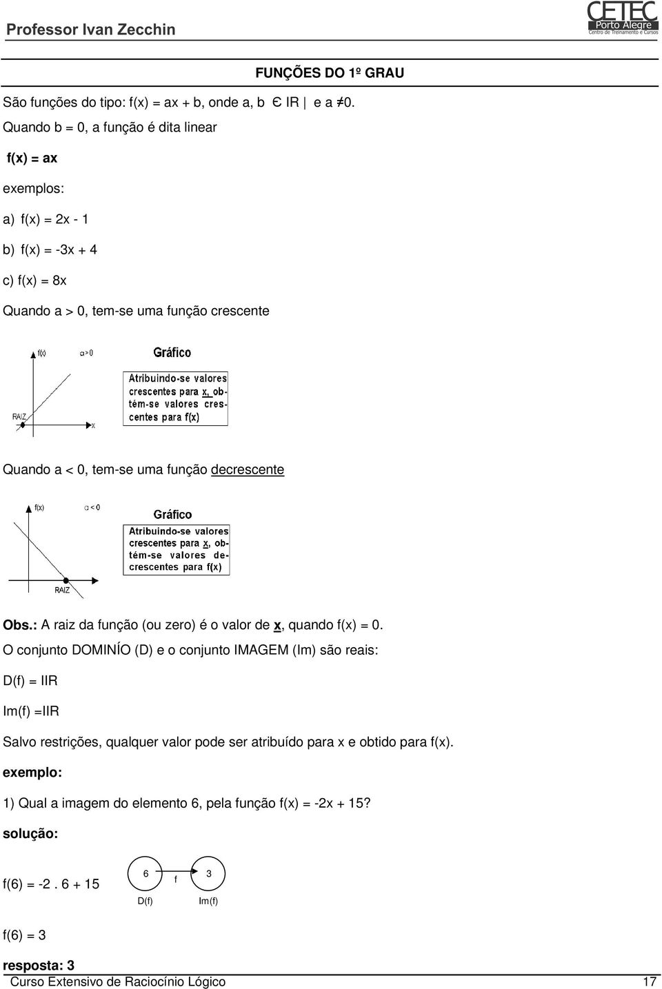 tem-se uma função decrescente Obs.: A raiz da função (ou zero) é o valor de x, quando f(x) = 0.