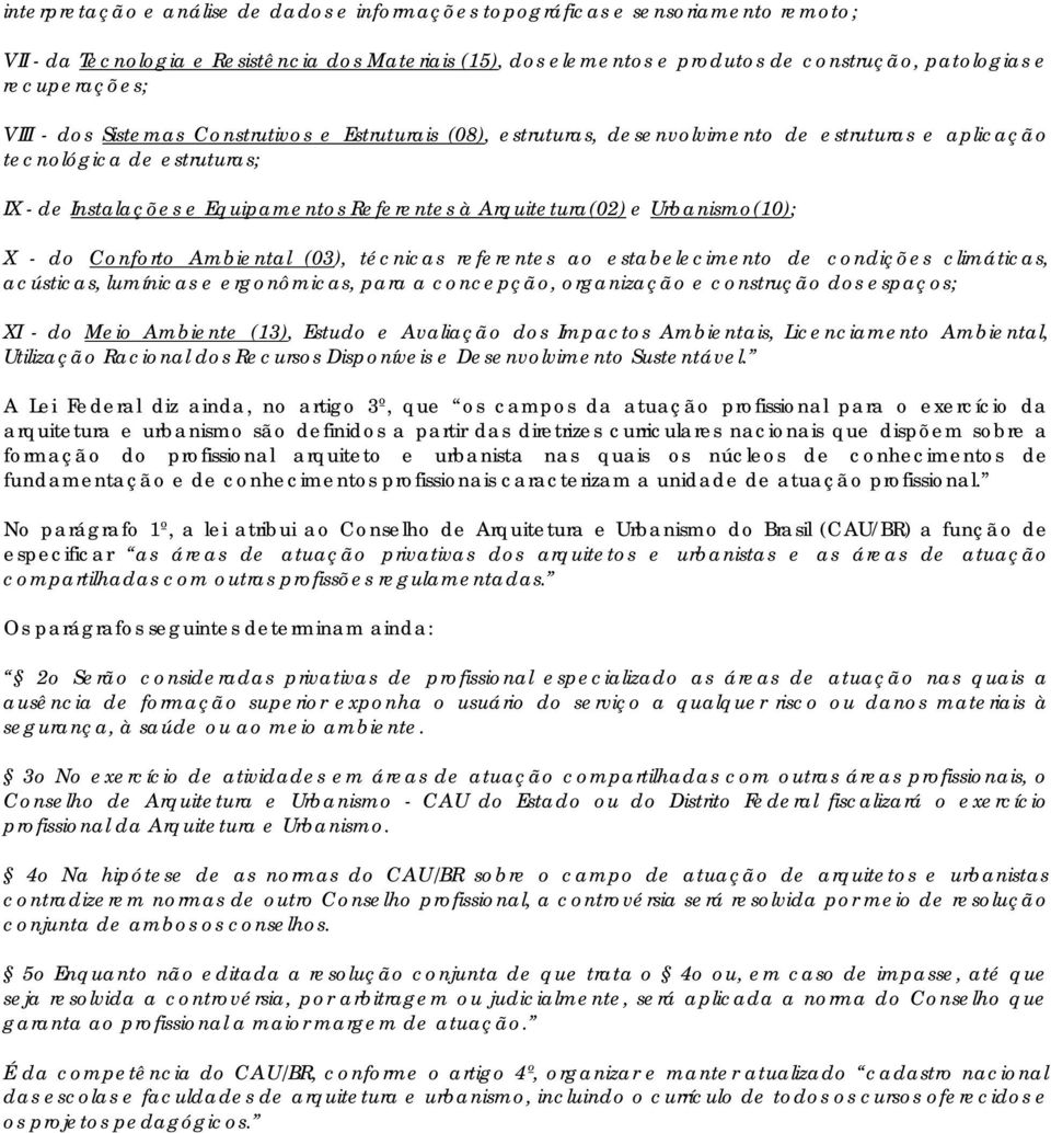 Arquitetura(02) e Urbanismo(10); X - do Conforto Ambiental (03), técnicas referentes ao estabelecimento de condições climáticas, acústicas, lumínicas e ergonômicas, para a concepção, organização e