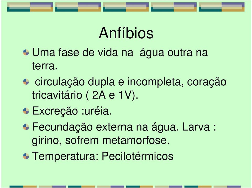 2A e 1V). Excreção :uréia. Fecundação externa na água.