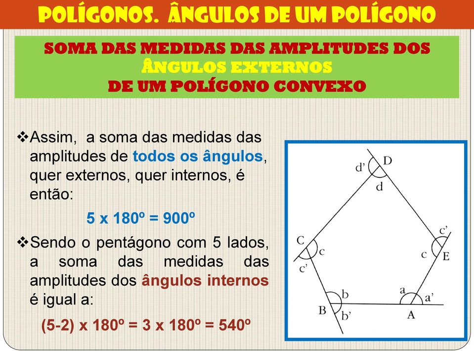 POLÍGONO CONVEXO Assim, a soma das medidas das amplitudes de todos os ângulos, quer