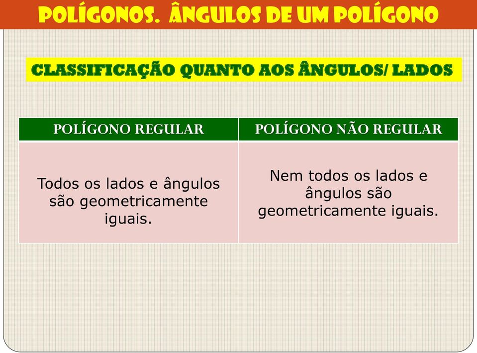 ÂNGULOS/ LADOS POLÍGONO REGULAR POLÍGONO NÃO REGULAR