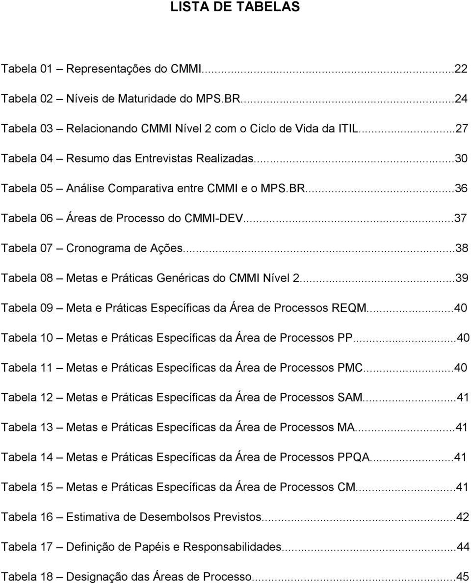 ..38 Tabela 08 Metas e Práticas Genéricas do CMMI Nível 2...39 Tabela 09 Meta e Práticas Específicas da Área de Processos REQM...40 Tabela 10 Metas e Práticas Específicas da Área de Processos PP.