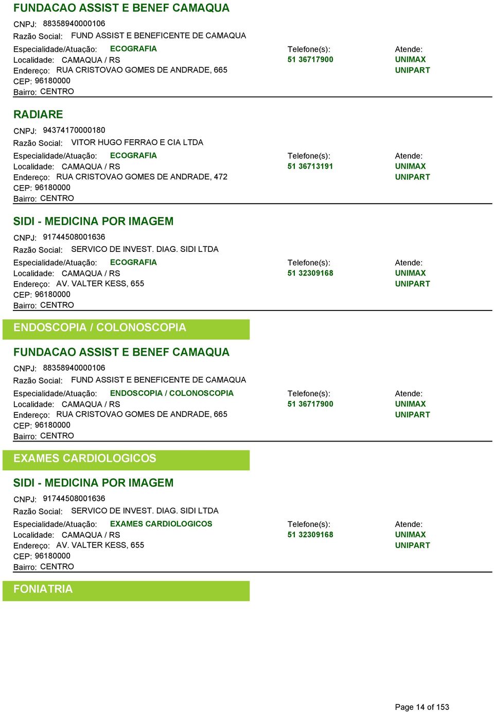 SERVICO DE INVEST. DIAG. SIDI LTDA Localidade: CAMAQUA / RS 51 32309168 Endereço: AV.