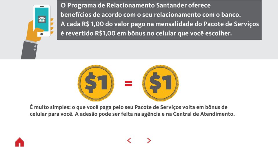 A cada R$ 1,00 do valor pago na mensalidade do Pacote de Serviços é revertido R$1,00 em bônus no