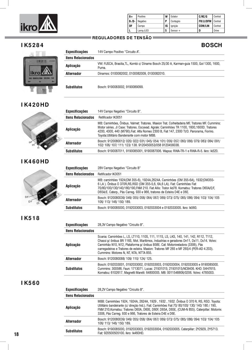 Dínamos: 0100082002, 0100082009, 0100082010. Bosch: 9190083002, 9190089099. IK420HD IK460HD IK518 14V Campo Negativo Circuito B. Retificador IK3051 MB: Caminhões, Ônibus. Valmet: Tratores.