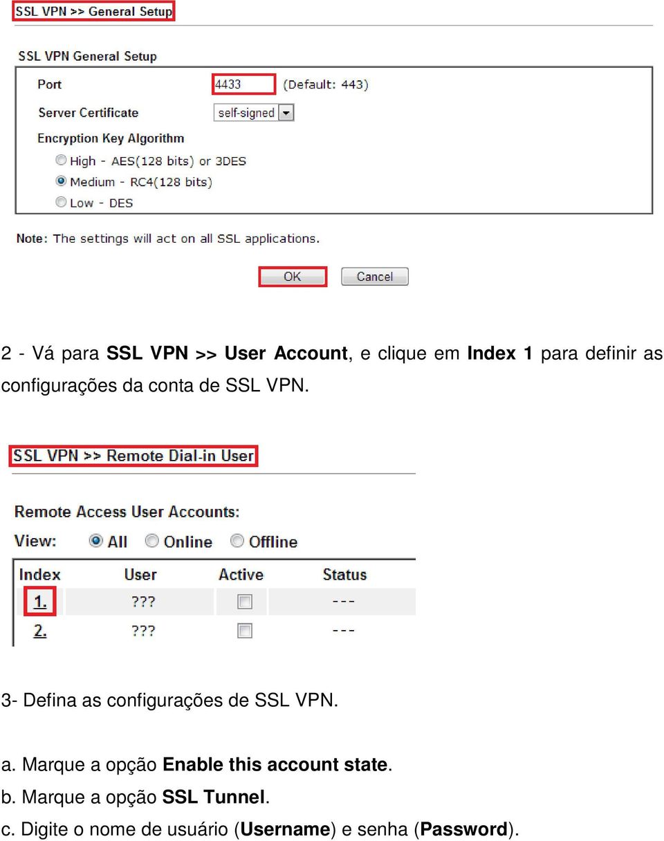3- Defina as configurações de SSL VPN. a. Marque a opção Enable this account state.