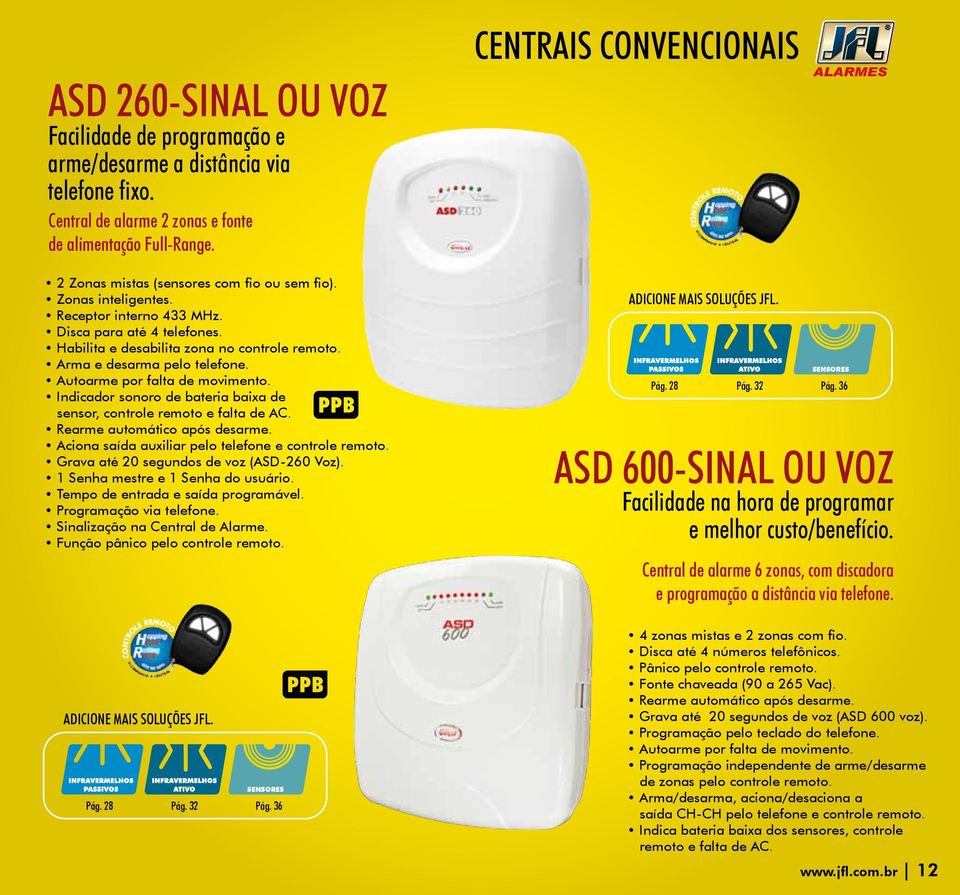 Indicador sonoro de bateria baixa de sensor, controle remoto e falta de AC. Rearme automático após desarme. Aciona saída auxiliar pelo telefone e controle remoto.