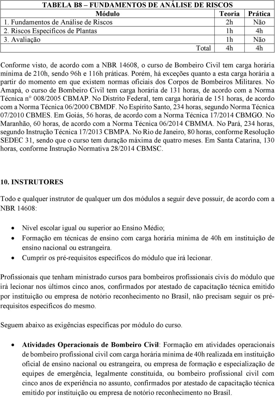 Porém, há exceções quanto a esta carga horária a partir do momento em que existem normas oficiais dos Corpos de Bombeiros Militares.