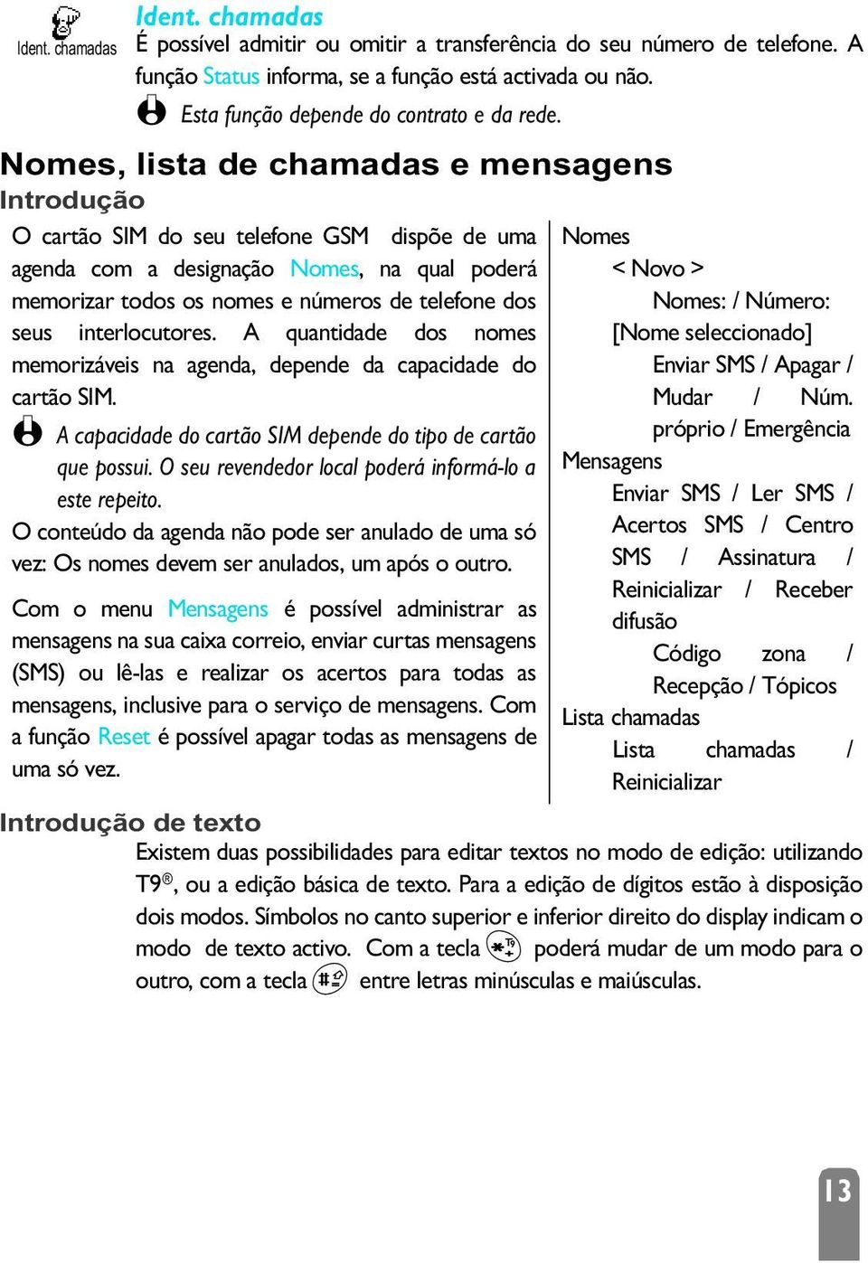 A quantidade dos nomes memorizáveis na agenda, depende da capacidade do cartão SIM. L A capacidade do cartão SIM depende do tipo de cartão que possui.