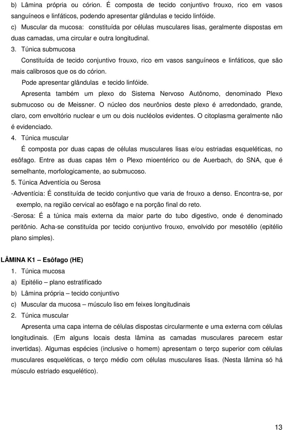 Túnica submucosa Constituída de tecido conjuntivo frouxo, rico em vasos sanguíneos e linfáticos, que são mais calibrosos que os do córion. Pode apresentar glândulas e tecido linfóide.