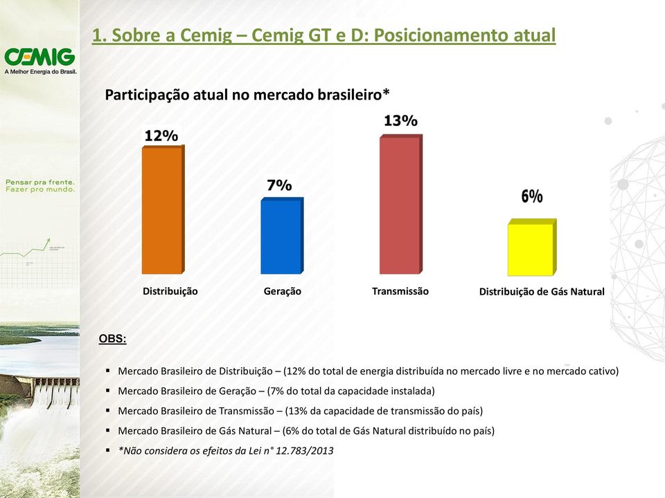cativo) Mercado Brasileiro de Geração (7% do total da capacidade instalada) Mercado Brasileiro de Transmissão (13% da capacidade de