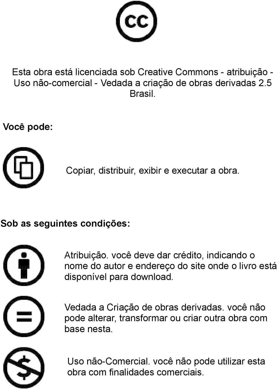 você deve dar crédito, indicando o nome do autor e endereço do site onde o livro está disponível para download.