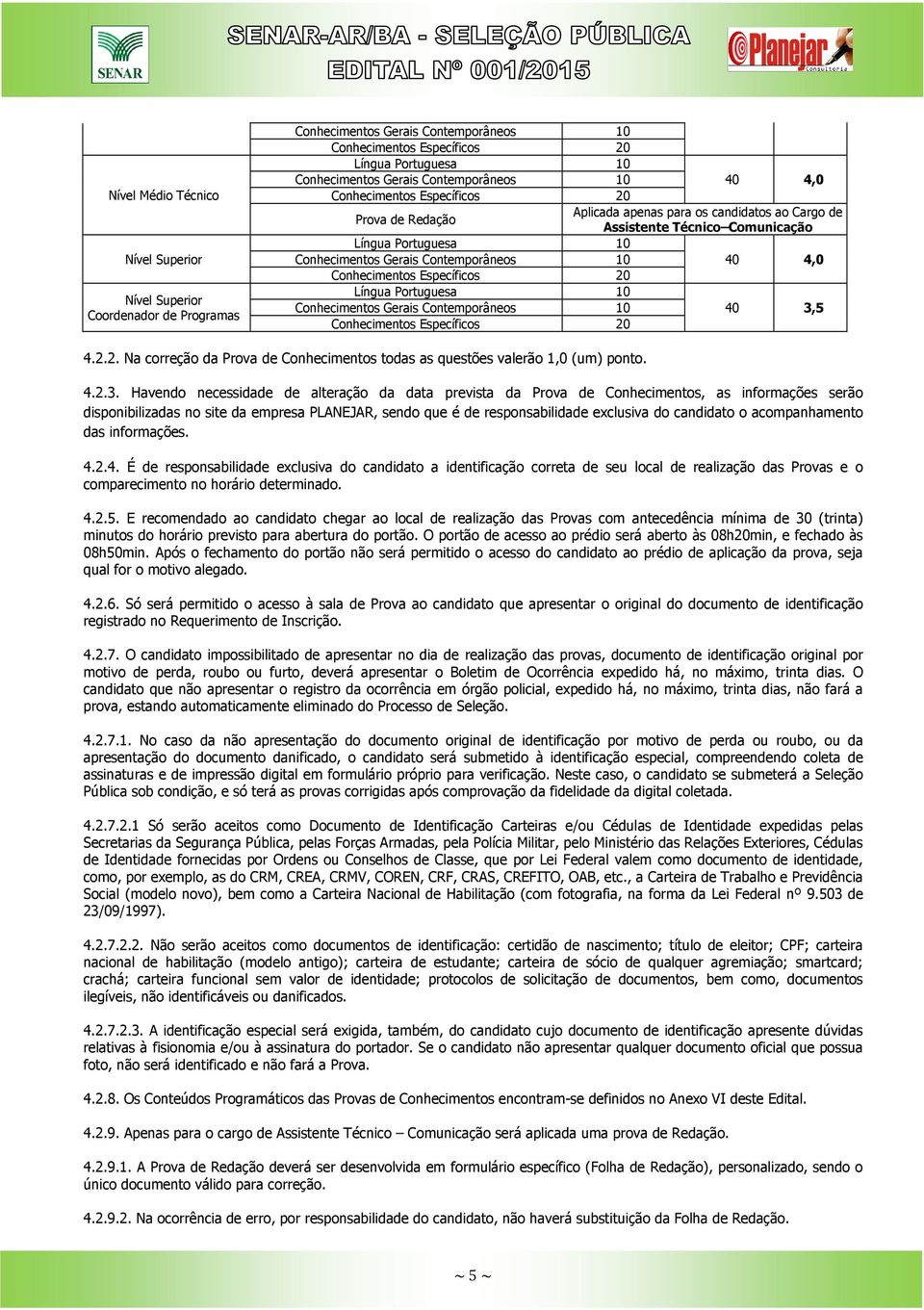 4,0 Conhecimentos Específicos 20 Língua Portuguesa 10 Conhecimentos Gerais Contemporâneos 10 40 3,5 Conhecimentos Específicos 20 4.2.2. Na correção da Prova de Conhecimentos todas as questões valerão 1,0 (um) ponto.