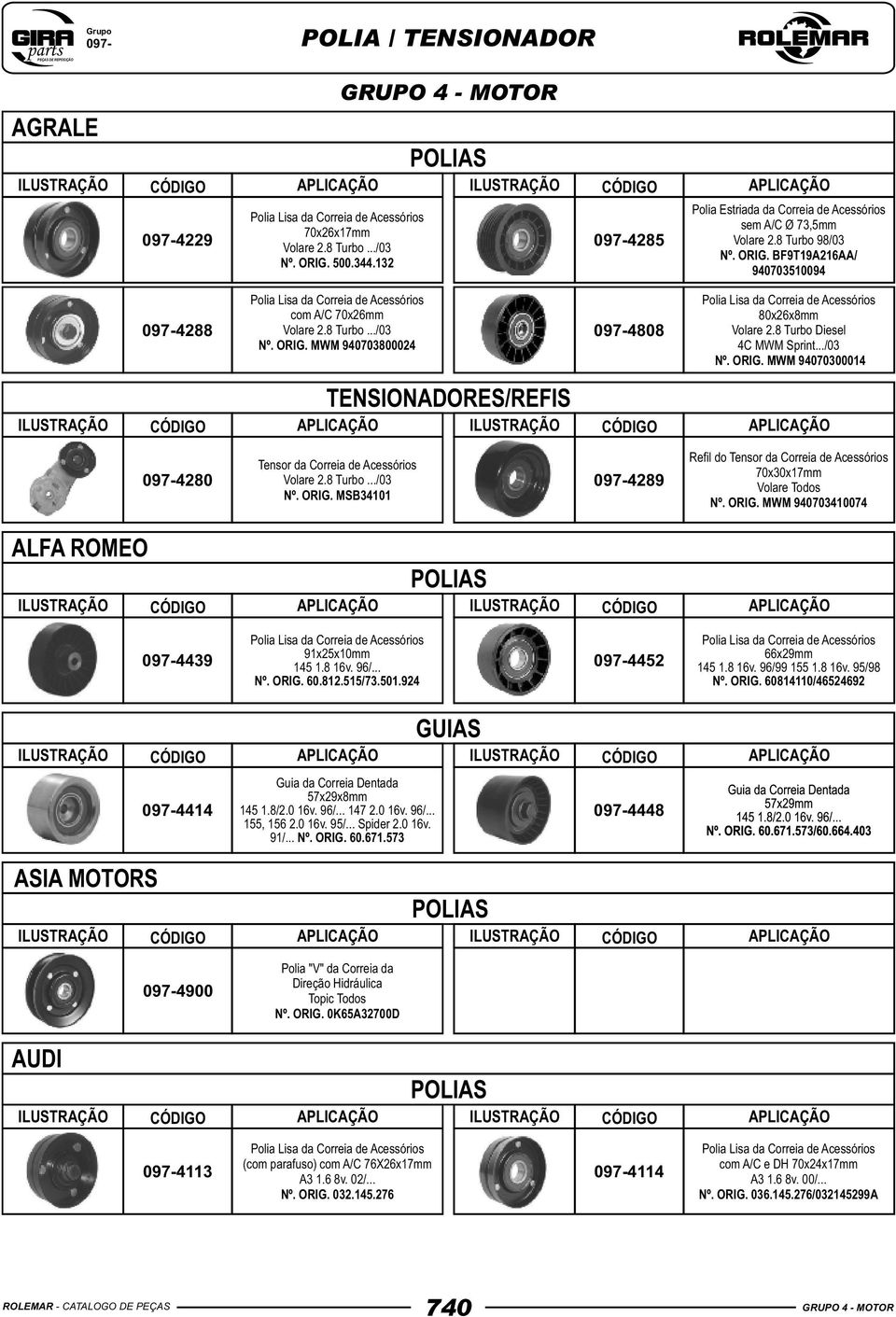 ORIG. MWM 940703410074 ALFA ROMEO 0974439 91x25x10mm 145 1.8 16v. 96/... 0974452 Nº. ORIG. 60.812.515/73.501.924 66x29mm 145 1.8 16v. 96/99 155 1.8 16v. 95/98 Nº. ORIG. 60814110/46524692 0974414 57x29x8mm 145 1.