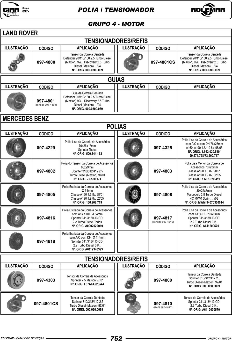 98/01 0974808 Classe A190 1.9 8v. 02/05 Nº. ORIG. 166.202.719 com A/C e DH Ø 64mm 0974816 Sprinter 311/313/413 CDI 0974817 2.2 Turbo Diesel Todos Nº. ORIG. A0002020019 (Tensor 0974810) Polia Lisa Menor da Correia de Acessórios 70x23mm Classe A160 1.