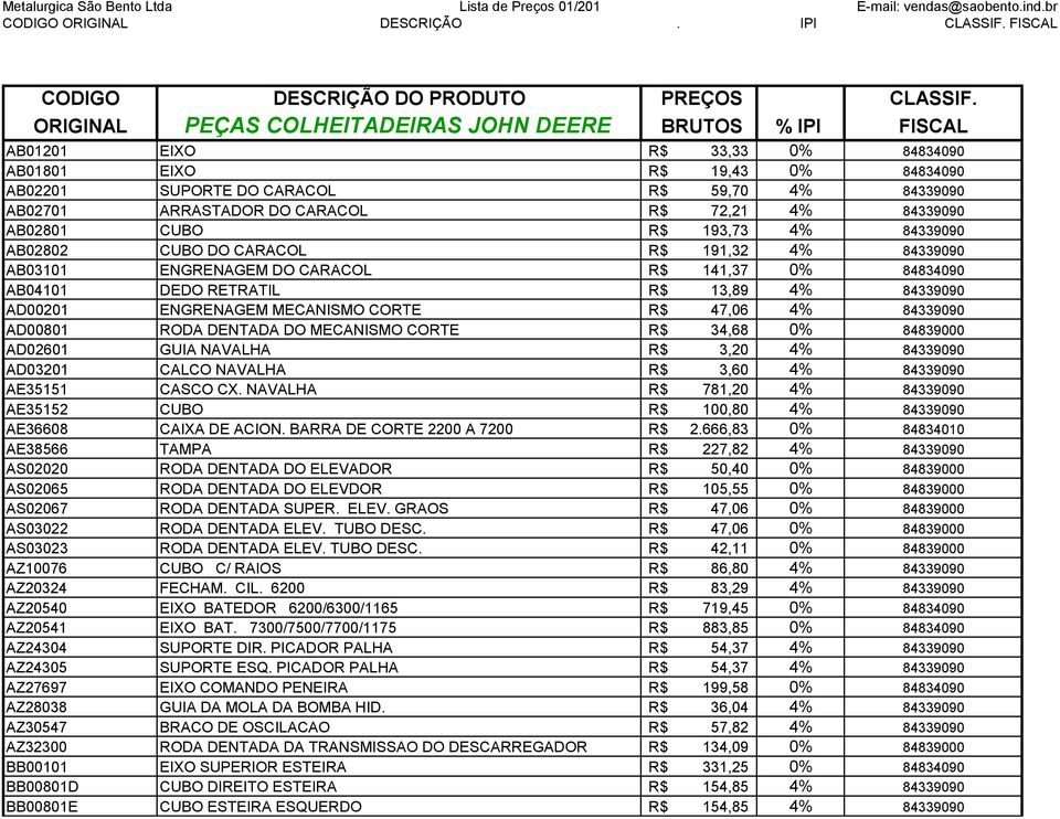 CARACOL R$ 72,21 4% 84339090 AB02801 CUBO R$ 193,73 4% 84339090 AB02802 CUBO DO CARACOL R$ 191,32 4% 84339090 AB03101 ENGRENAGEM DO CARACOL R$ 141,37 0% 84834090 AB04101 DEDO RETRATIL R$ 13,89 4%