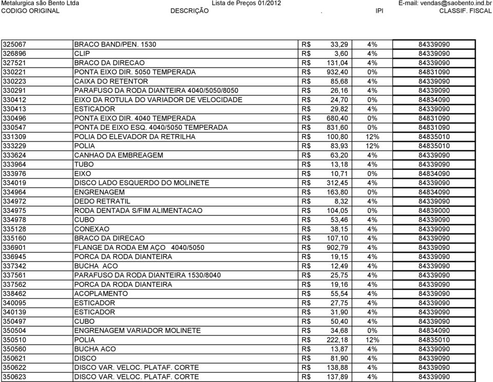 VELOCIDADE R$ 24,70 0% 84834090 330413 ESTICADOR R$ 29,82 4% 84339090 330496 PONTA EIXO DIR. 4040 TEMPERADA R$ 680,40 0% 84831090 330547 PONTA DE EIXO ESQ.