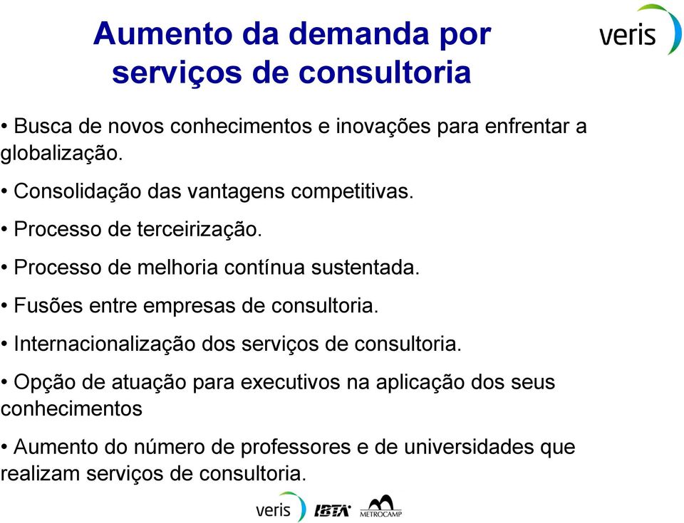 Fusões entre empresas de consultoria. Internacionalização dos serviços de consultoria.