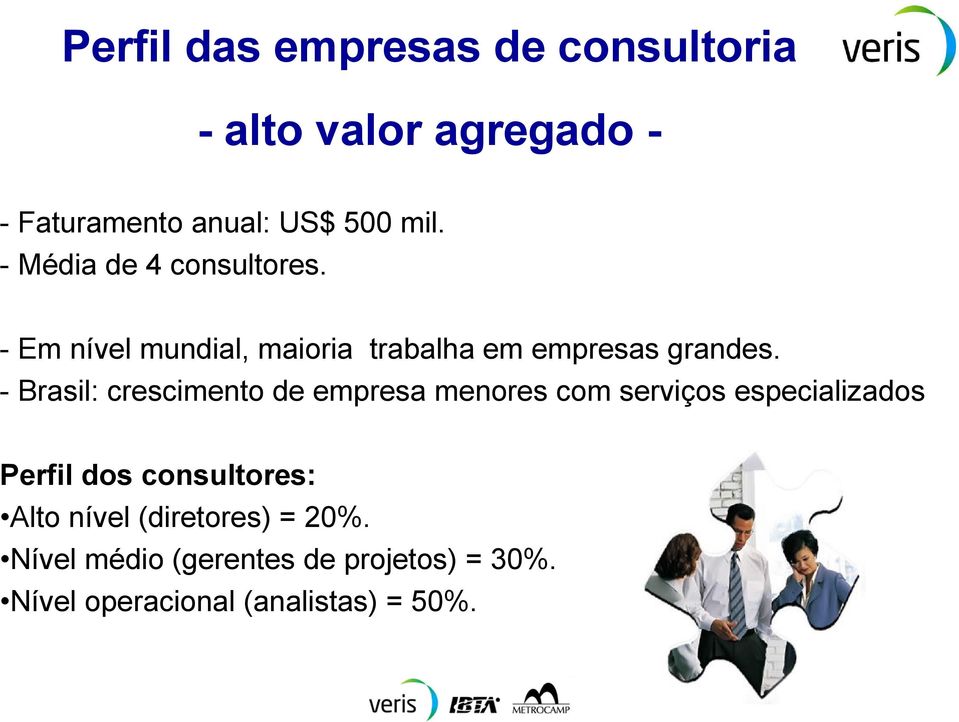 - Brasil: crescimento de empresa menores com serviços especializados Perfil dos consultores: