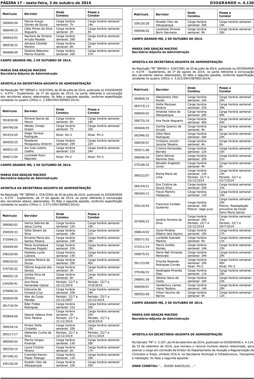 semanal: 9h 14h 26h 386538/22 394898/09 Adriana Cândida Martins Gislaine Bejarano Marins Ricardo semanal: 8h semanal: 20h 9h 27h APOSTILA DA SECRETÁRIA-ADJUNTA DE ADMINISTRAÇÃO Na Resolução PE SEMAD