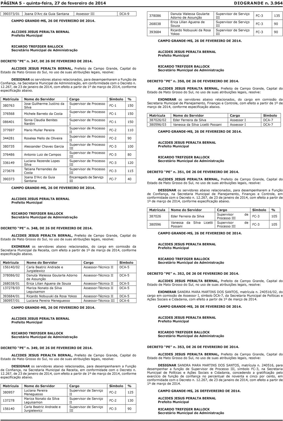 relacionados, para sempenharem a Função Confiança, na Secretaria Municipal Administração, em conformida com o Decreto n. 12.