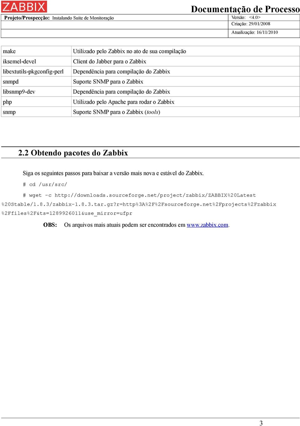 2 Obtendo pacotes do Zabbix Siga os seguintes passos para baixar a versão mais nova e estável do Zabbix. # cd /usr/src/ # wget -c http://downloads.sourceforge.