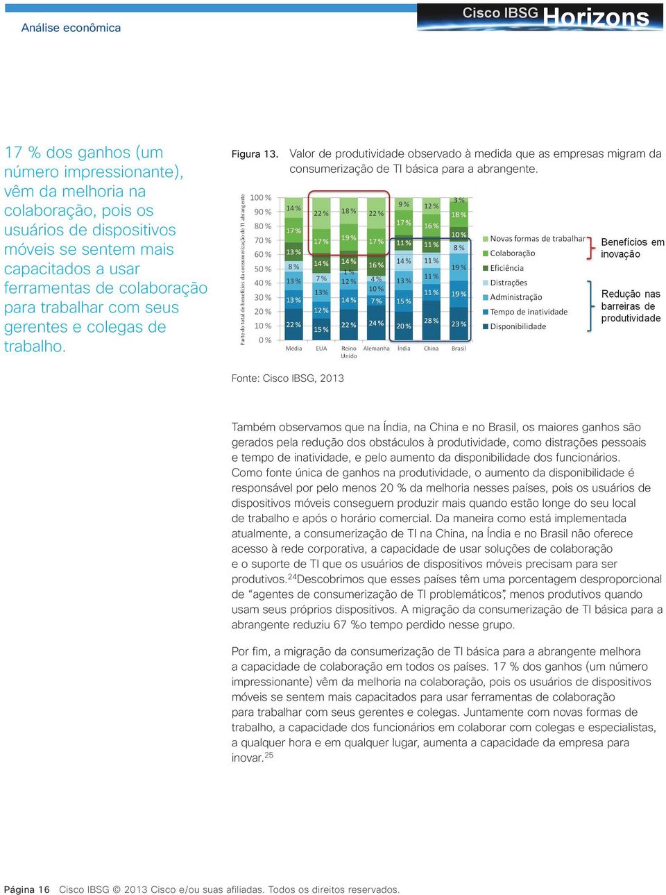 Fonte:, 2013 Também observamos que na Índia, na China e no Brasil, os maiores ganhos são gerados pela redução dos obstáculos à produtividade, como distrações pessoais e tempo de inatividade, e pelo