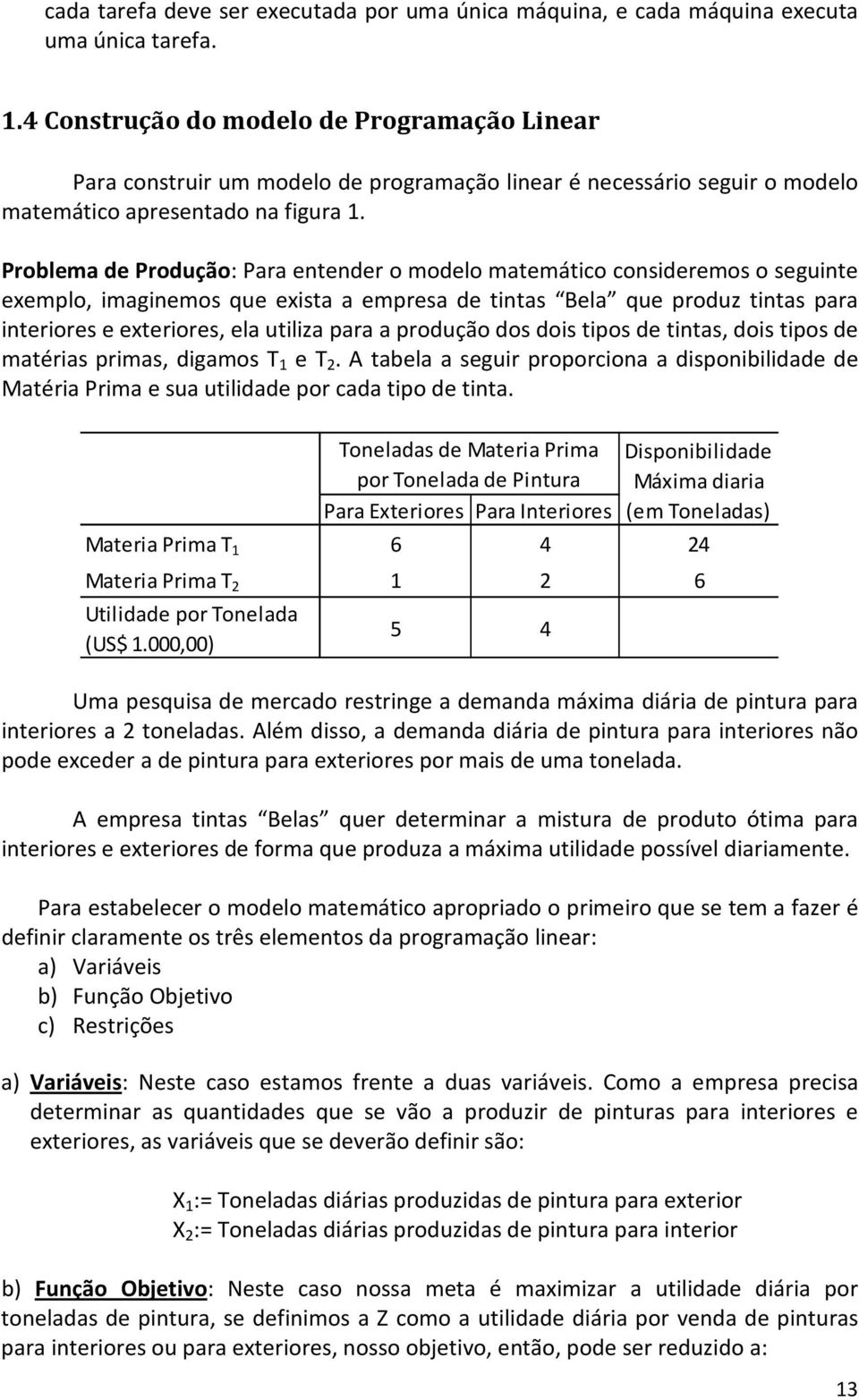 Problema de Produção: Para entender o modelo matemático consideremos o seguinte exemplo, imaginemos que exista a empresa de tintas Bela que produz tintas para interiores e exteriores, ela utiliza