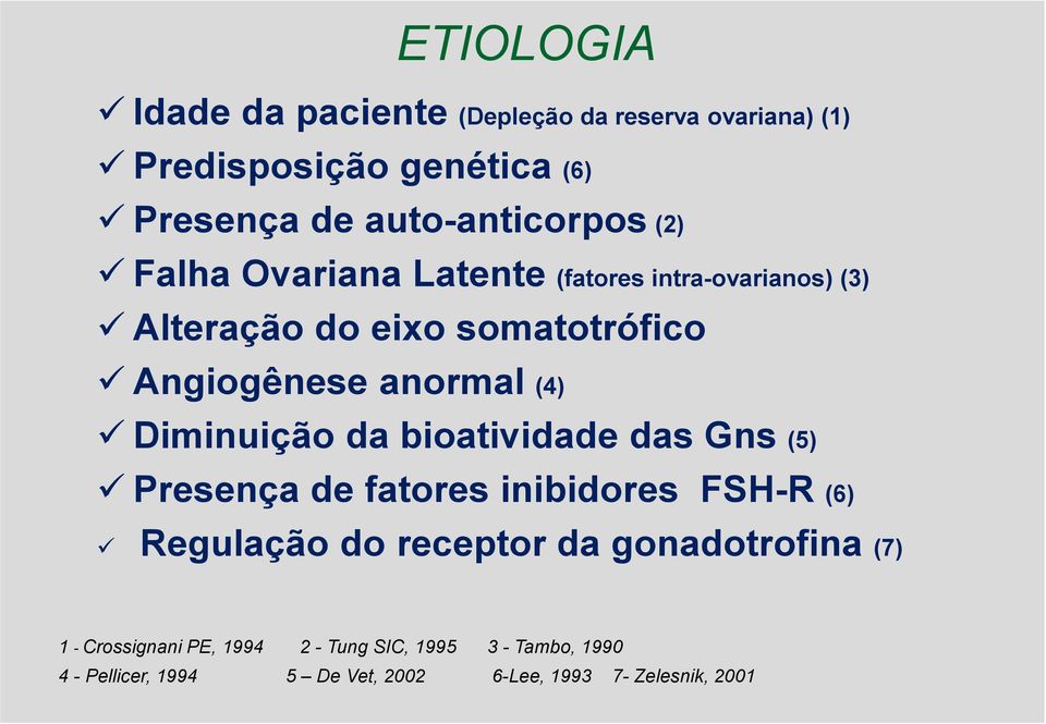 Diminuição da bioatividade das Gns (5) Presença de fatores inibidores FSH-R (6) Regulação do receptor da gonadotrofina