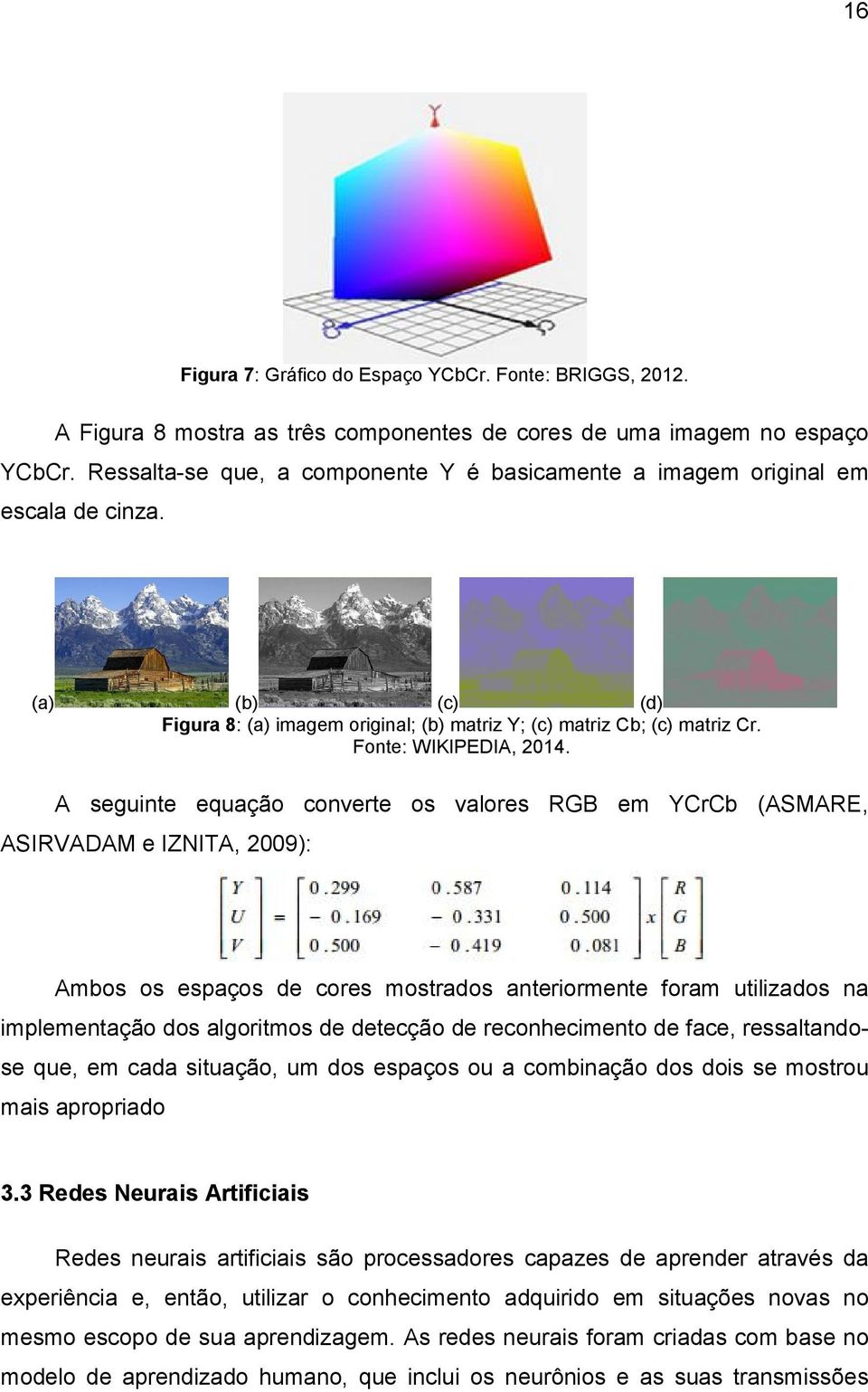 A seguinte equação converte os valores RGB em YCrCb (ASMARE, ASIRVADAM e IZNITA, 2009): Ambos os espaços de cores mostrados anteriormente foram utilizados na implementação dos algoritmos de detecção